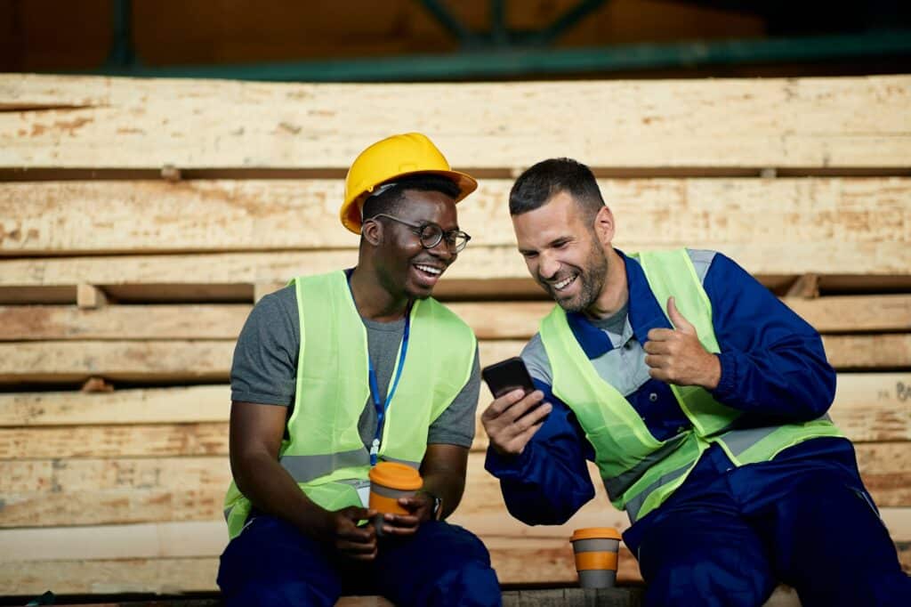 Cheerful warehouse workers reading something funny on cell phone while having coffee break at work.