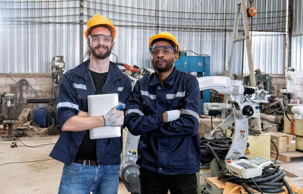 In robotic repair shop engineer happy check-hand after completed controller repair per online manual