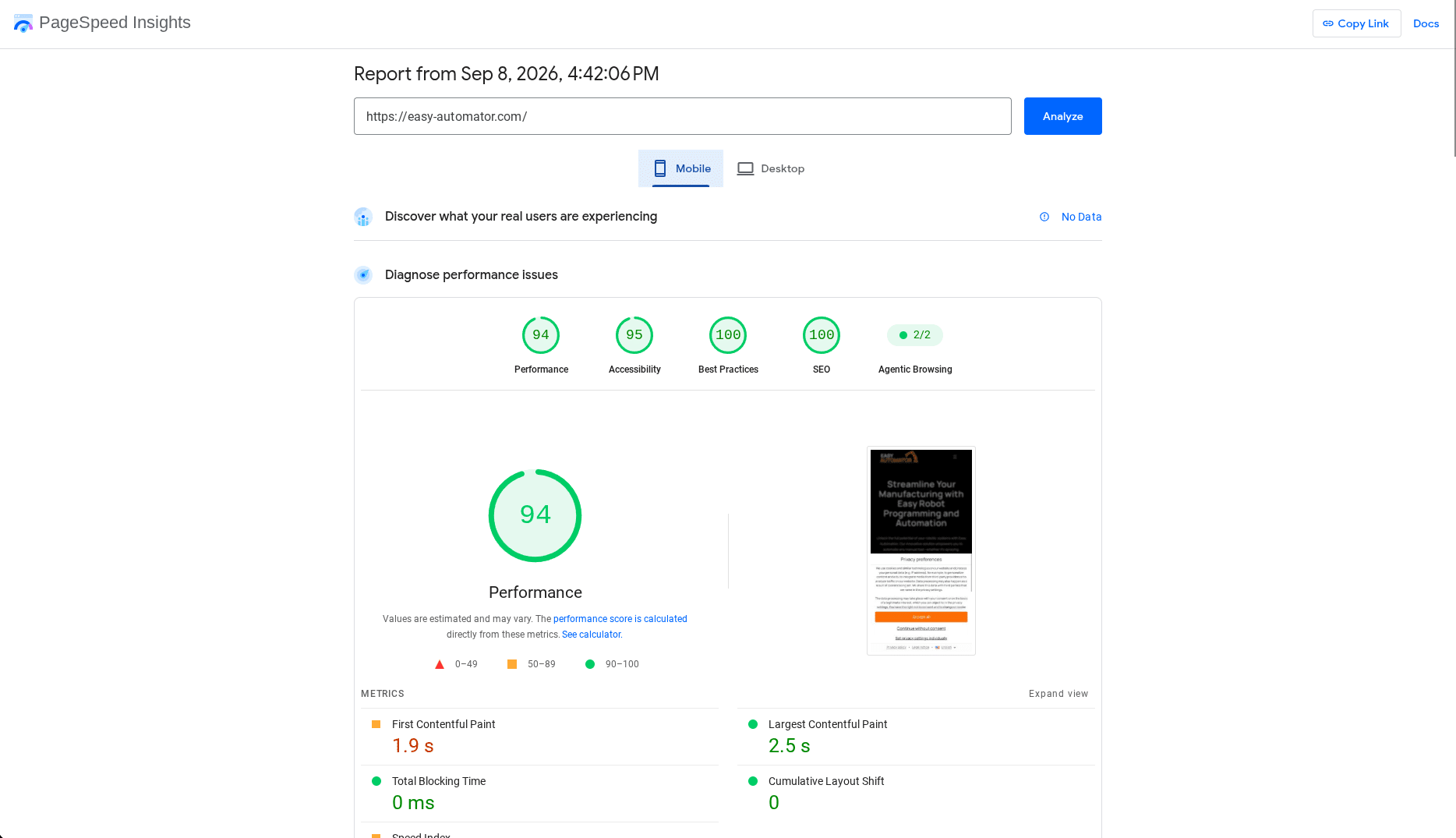 PageSpeed Insights 94 Punkte Mobile Geschwindigkeit - Technische SEO Masterpiece