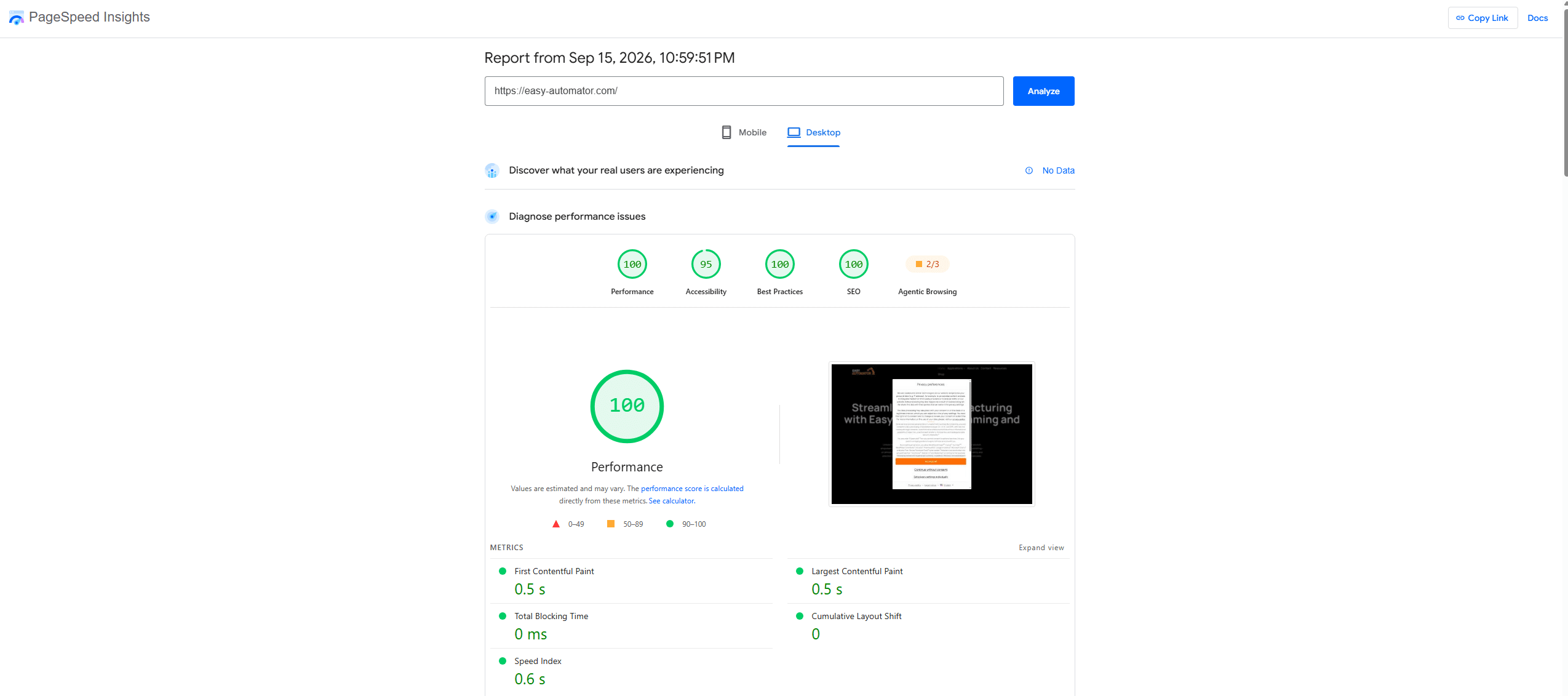 PageSpeed Insights 100 Punkte Desktop Geschwindigkeit - Technische SEO Masterpiece