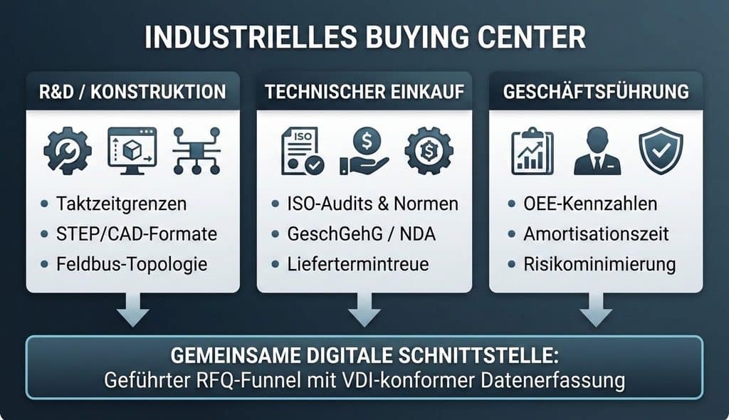 Infografik zum industriellen Buying Center im B2B Sondermaschinen- und Anlagenbau (DACH-Raum): Visualisierung der Anforderungen von R&D (Taktzeiten, CAD), Technischem Einkauf (ISO-Normen, GeschGehG, NDA) und Geschäftsführung (OEE, ROI) an eine VDI-konforme digitale Schnittstelle zur Lastenheft-Leadgenerierung.